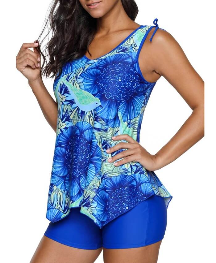 Asymmetric Hem Tie Shoulder Printed Tankini Set